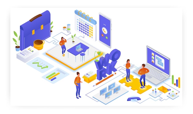 Office work flat vector isometric illustration planning schedule task management reminder teamwork