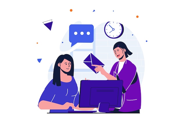 office work modern flat concept for web banner design woman works on laptop and colleague brings
