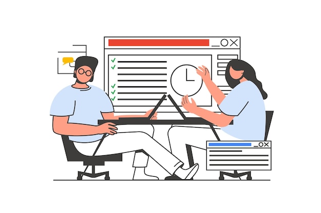 Office work outline web concept with character scene man and woman brainstorming discussing do tasks people situation in flat line design vector illustration for social media marketing material