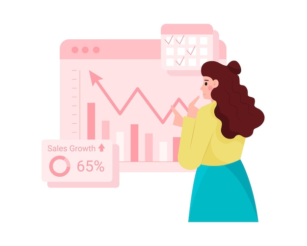 Office worker analyzing charts and diagrams Research profitable strategies Employee studying investment and profit of company Female analyzing investments and money growth rate Flat illustration