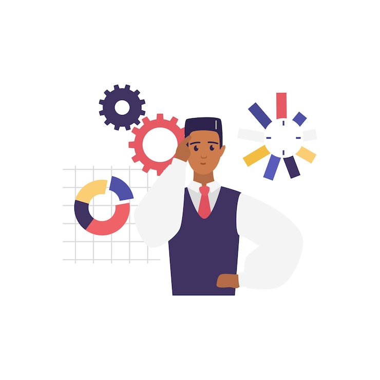 Vector office worker brainstorming on startup dashboard with pie chart and gears