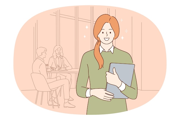 Office worker and business concept Young smiling woman office worker standing with documents with talking colleagues at background vector illustration