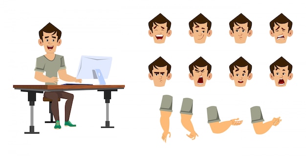 Office worker character set. casual worker man character set for animation or motion with different facial emotions and hands