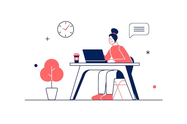 office worker concept in flat line design with people scene woman employee sits at desk and works at laptop making paperwork and other job tasks workflow management vector illustration for web
