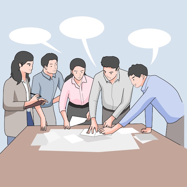 Vector office worker discussion on table conversation team work