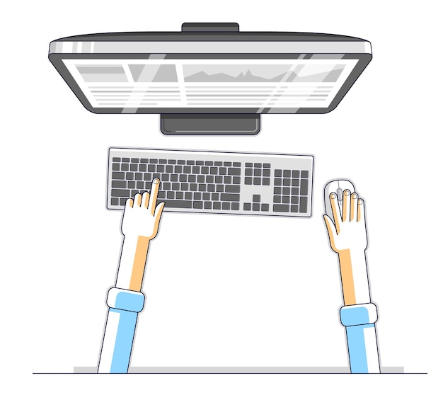 Vector office worker or entrepreneur businessman working on a pc computer, top view of workspace desk with human hands, overhead look. vector illustration.