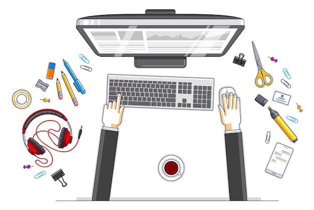 Office worker or entrepreneur working on a PC computer, top view of workspace desk with human hands and diverse stationery objects. All elements are easy to use separately. Vector illustration.