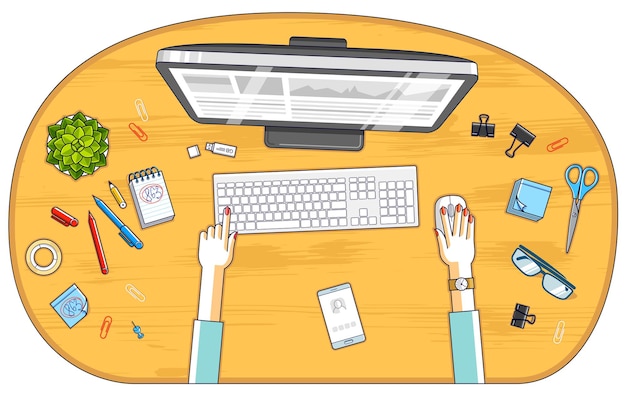 Vector office worker or entrepreneur working on a pc computer, top view of workspace desk with human hands and diverse stationery objects. all elements are easy to use separately. vector illustration.