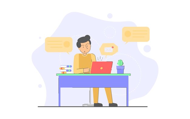 office worker in front of laptop receiving mail. conceptual flat illustration.
