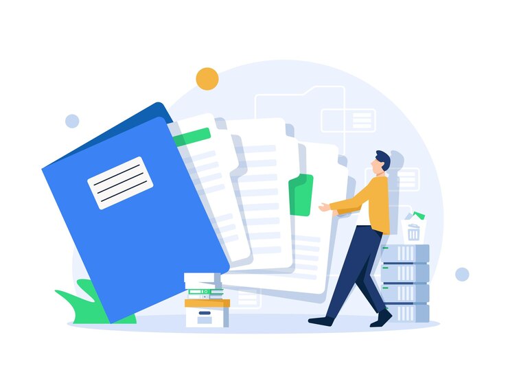 Vector office worker holding giant folder for storing papers modern concept of file management system