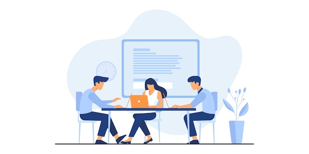 Vector office worker illustration. co-working space with creative people sitting at the table. business team working together at the big desk using laptops. flat     illustration.