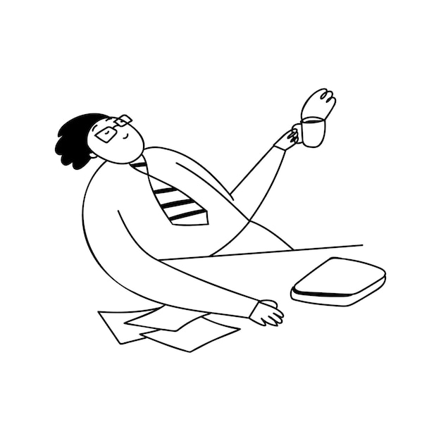 회사원이 쉬고 있다 낙서 스타일의 손으로 그린 그림 근무 시간 중 휴식 한 사람이 테이블에서 차를 마신다 모든 요소는 흰색 배경에 격리되어 있습니다