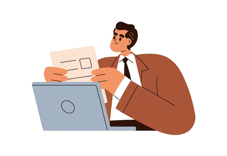 Vector office worker at laptop computer holding business paper document man employee holding cv professional person with application at work flat vector illustration isolated on white background