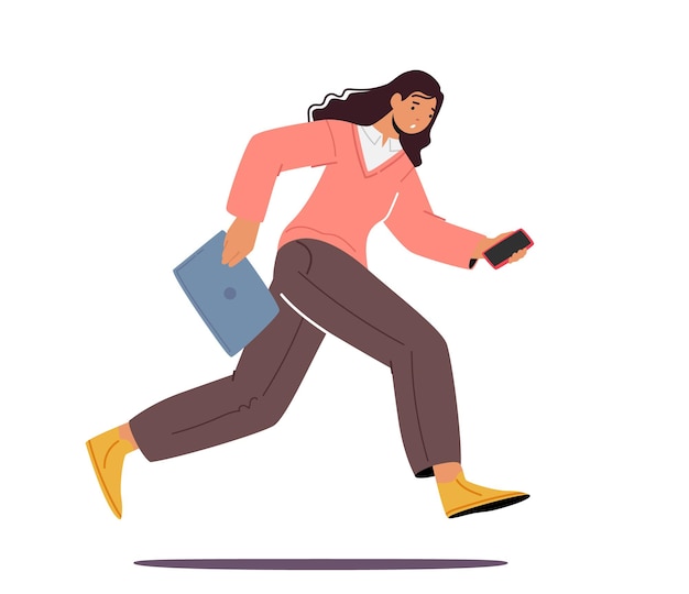 Office Worker Late at Work Young Fashioned Girl Running with Smartphone and Folder in Hands Student Run to University