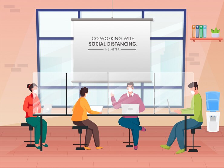 Vector office worker maintaining social distance during work together at workplace for avoid coronavirus .