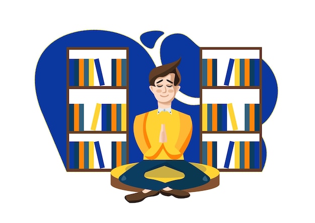 Office worker man in shirt and sweater meditates against the background of bookshelves