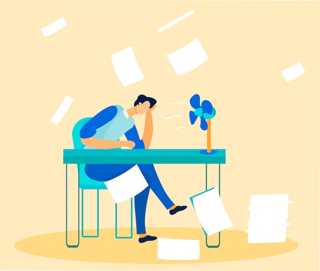 Vector office worker overwhelmed by paperwork and tasks