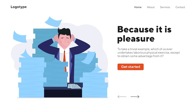 Vector office worker overwhelmed with paperwork landing page
