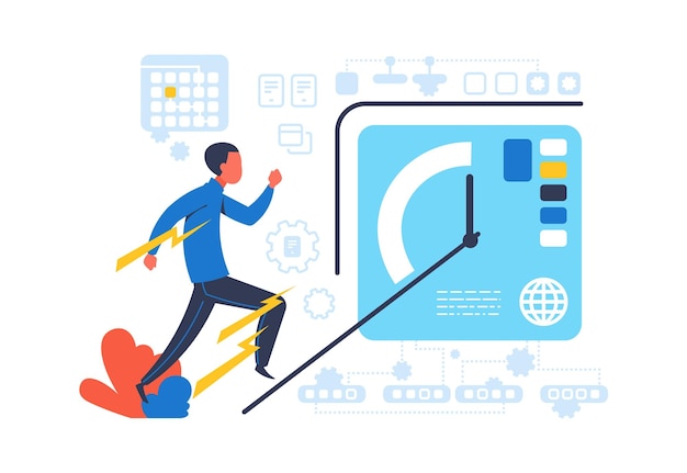office worker panic cartoon man running fast deadline and job problems or productivity improvement time management and organizational business processes vector quick worker concept