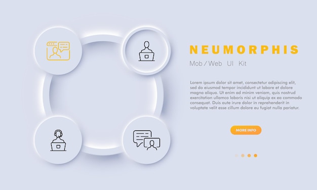 サラリーマン セット アイコン パソコン作業支援サービス チャット対応 吹き出し 対話 ホットライン オペレーター ウェブサイト オンライン相談 フィードバック コンセプト ネオモーフィズム スタイル ベクター 線のアイコン