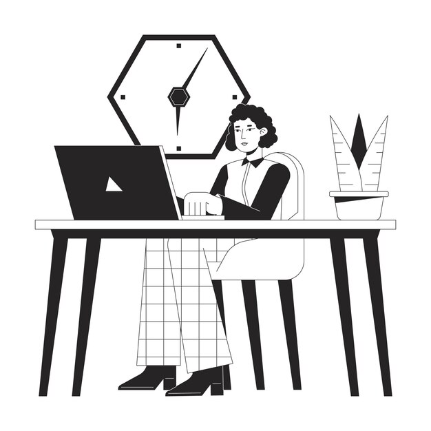 Office worker sitting at desk bw concept vector spot illustration