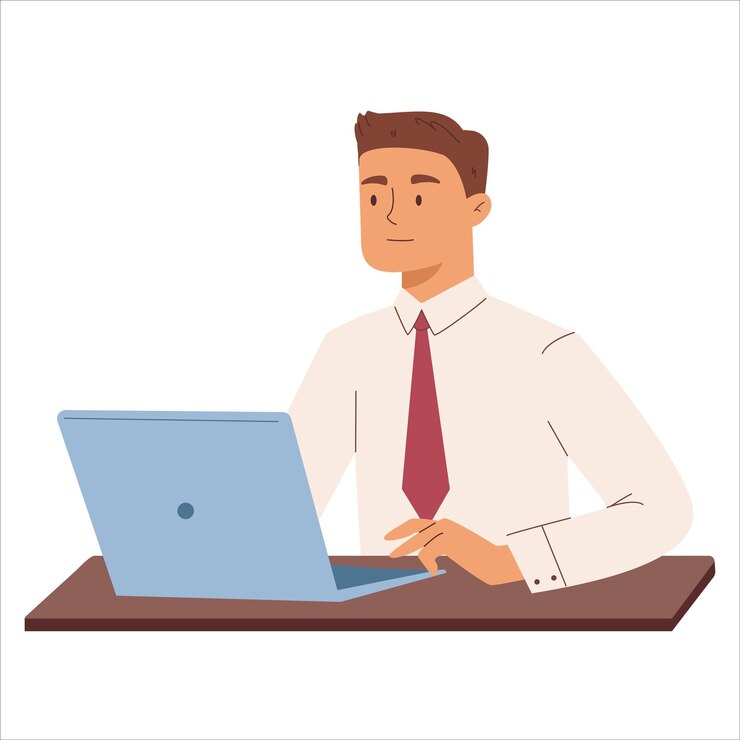 Vector office worker sitting at table with laptop