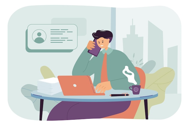 Office worker talking on phone flat vector illustration. male manager sitting at desk and talking on telephone with boss, making appointment, solving business tasks. communication concept