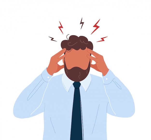 Vector office worker with headache touching his head