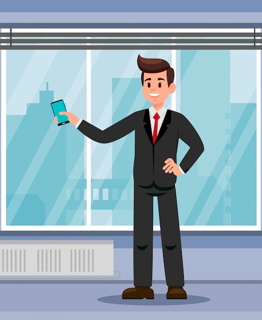Office worker with smartphone flat illustration