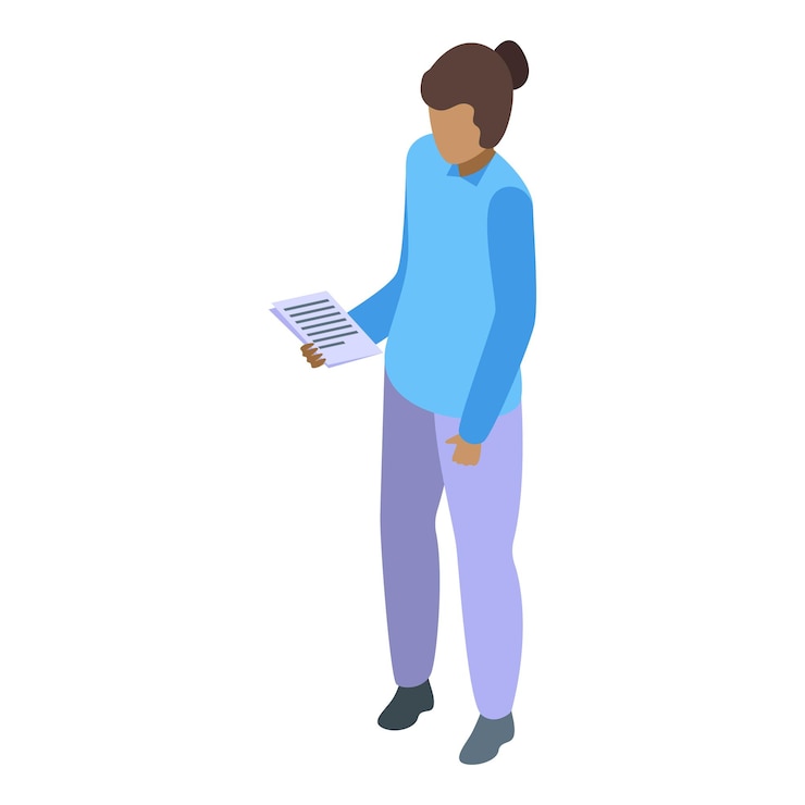 Vector office worker woman holding document in hands isometric icon