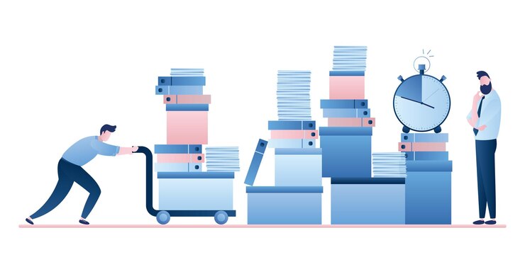 Vector office worker woman on workplace female employee look on huge heap of paper documents and folders
