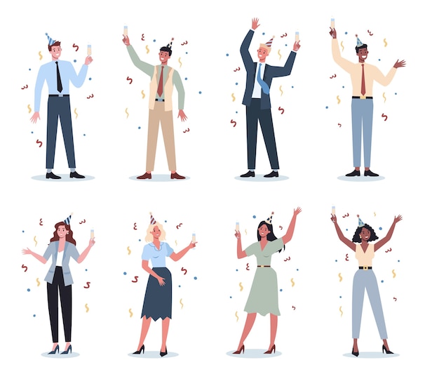 Vector office worker at work party set. collection of business people in party hat dancing with a glass of alcohol. employee having fun at workplace.