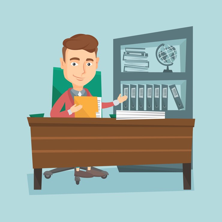 Вектор офисный работник работает с документами.