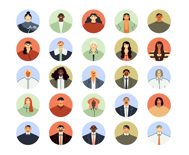 Office workers avatars. Round business men and women portraits, professional worker avatar and employee people flat illustration set. Young people social media photo icons pack
