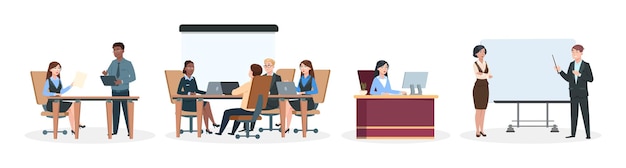 Office workers. Business situations, brainstorming and discussion. Team working, lady boss sitting at desk, managers or team leaders near info board. Cartoon professional vector illustration