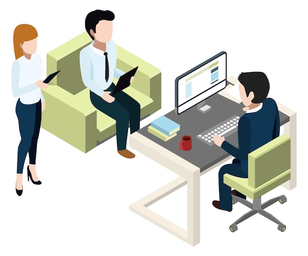 Office workers doing report to manager isometric scene