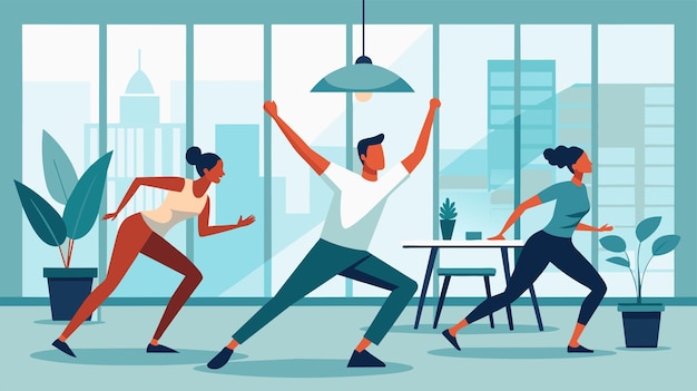 Vector office workers enjoying a quick fitness break in a modern workplace