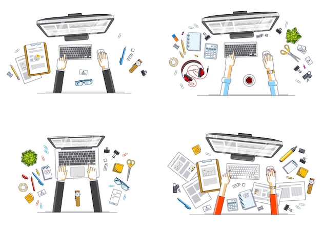 Office workers or entrepreneurs working on a PC computers, top view of workspaces desks with human hands and diverse stationery objects. All elements are easy to use separately. Vector set.