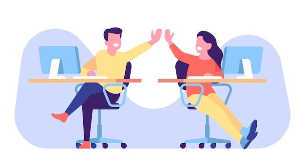 Office workers high five each other as sign of teamwork People working together Man and woman sitting at tables Employees collaboration Professional cooperation Vector concept