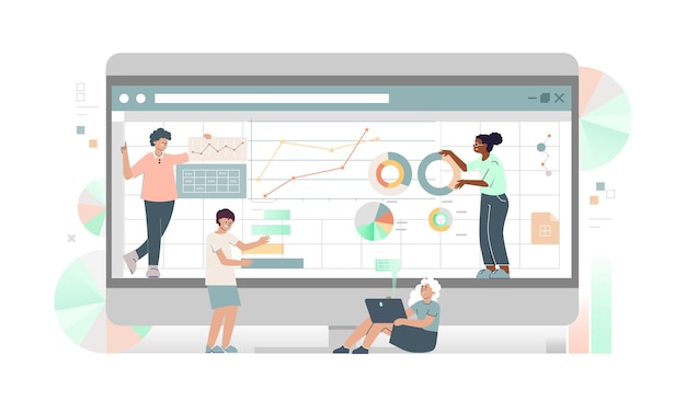 office workers at screen with spreadsheet used for research project management planning accounting analysis audit marketing  flat vector illustration