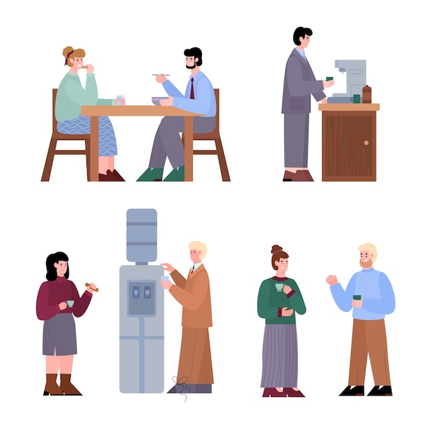 Office workers during work break set of cartoon vector illustrations isolated