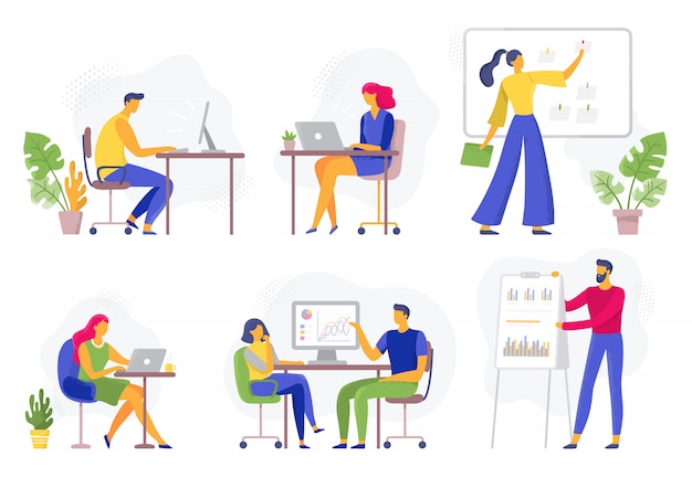 Office workflow. Working business people, remote teamwork and workers team collaboration flat illustration set
