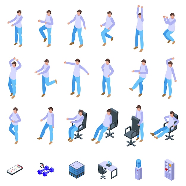 Office workout pictogrammen instellen isometrische vector ergonomische pasvorm