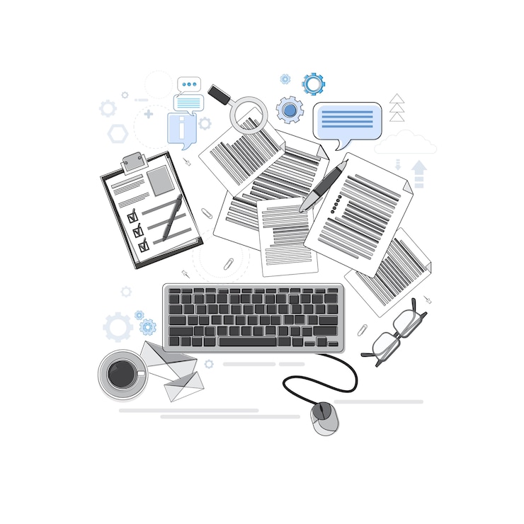 Vector office workplace desk top angle view thin line vector illustration