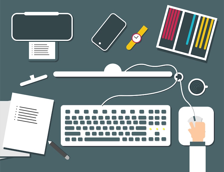 Vector office workplace flat style vector illustration set