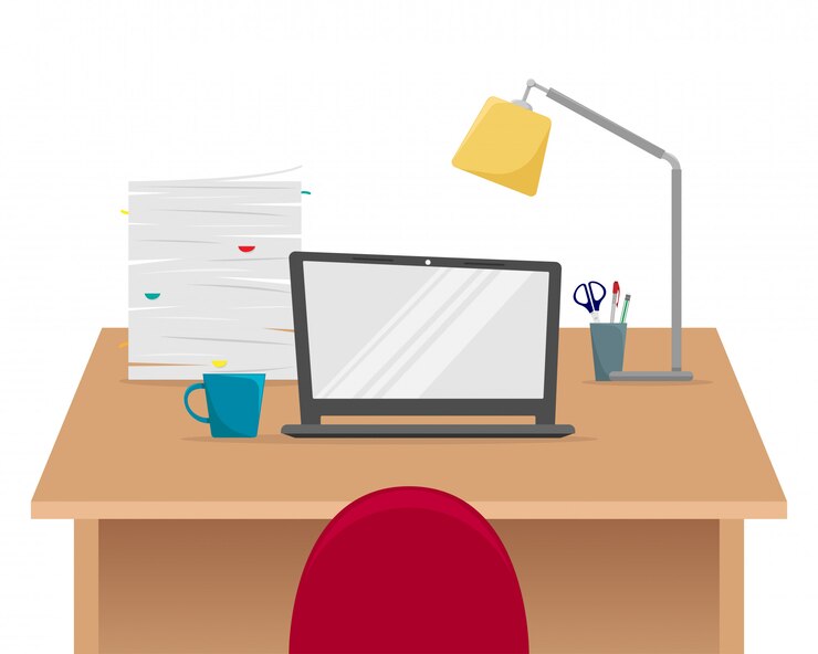 Vector office workplace. table with laptop, stack of papers