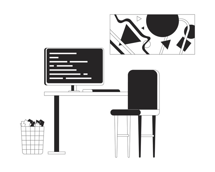 Vector office workplace with computer black and white 2d line cartoon object