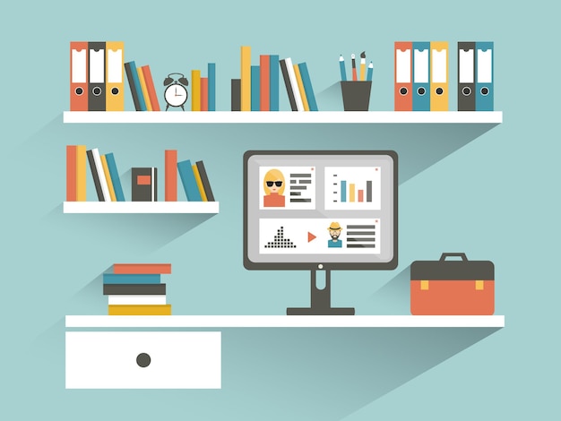 Vector office workplace with computer and book shelves flat design vector illustration