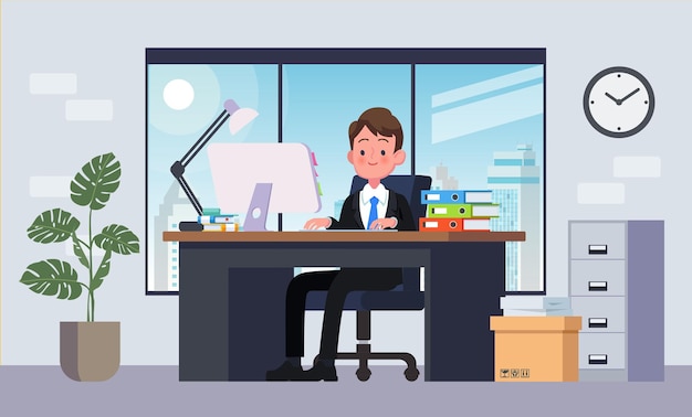 Вектор Рабочее место офиса со столом. деловой человек или клерк, работающий за ее офисным столом. плоские векторные иллюстрации.