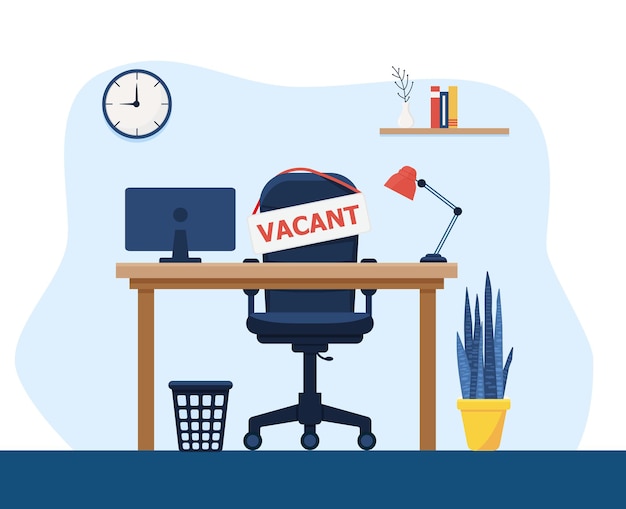 Vector office workplace with vacancy sign. empty seat, chair in room for employee. eps 10